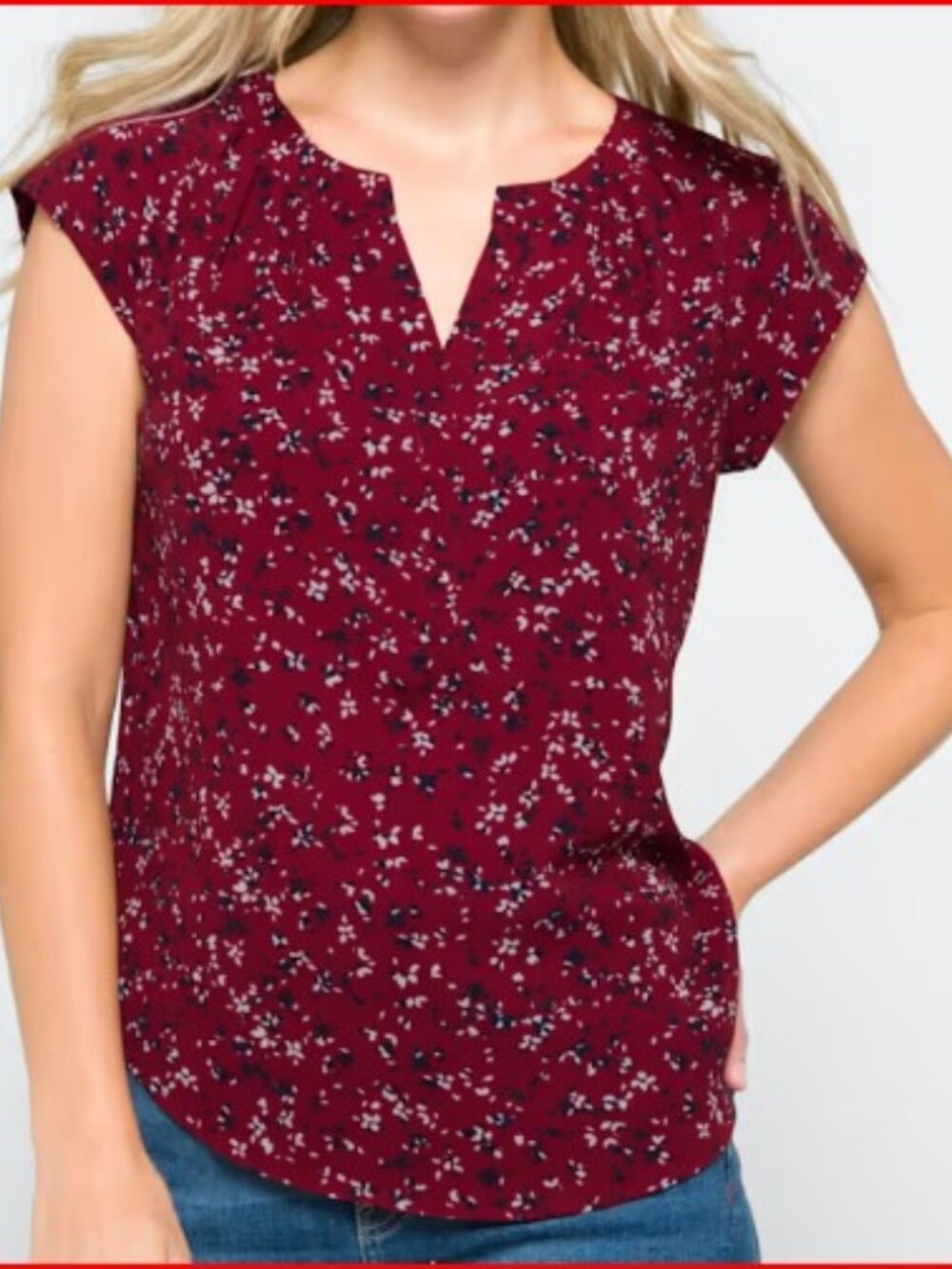 41 Hawthorn Morey Split Neck Large Burgundy short sleeve blouse